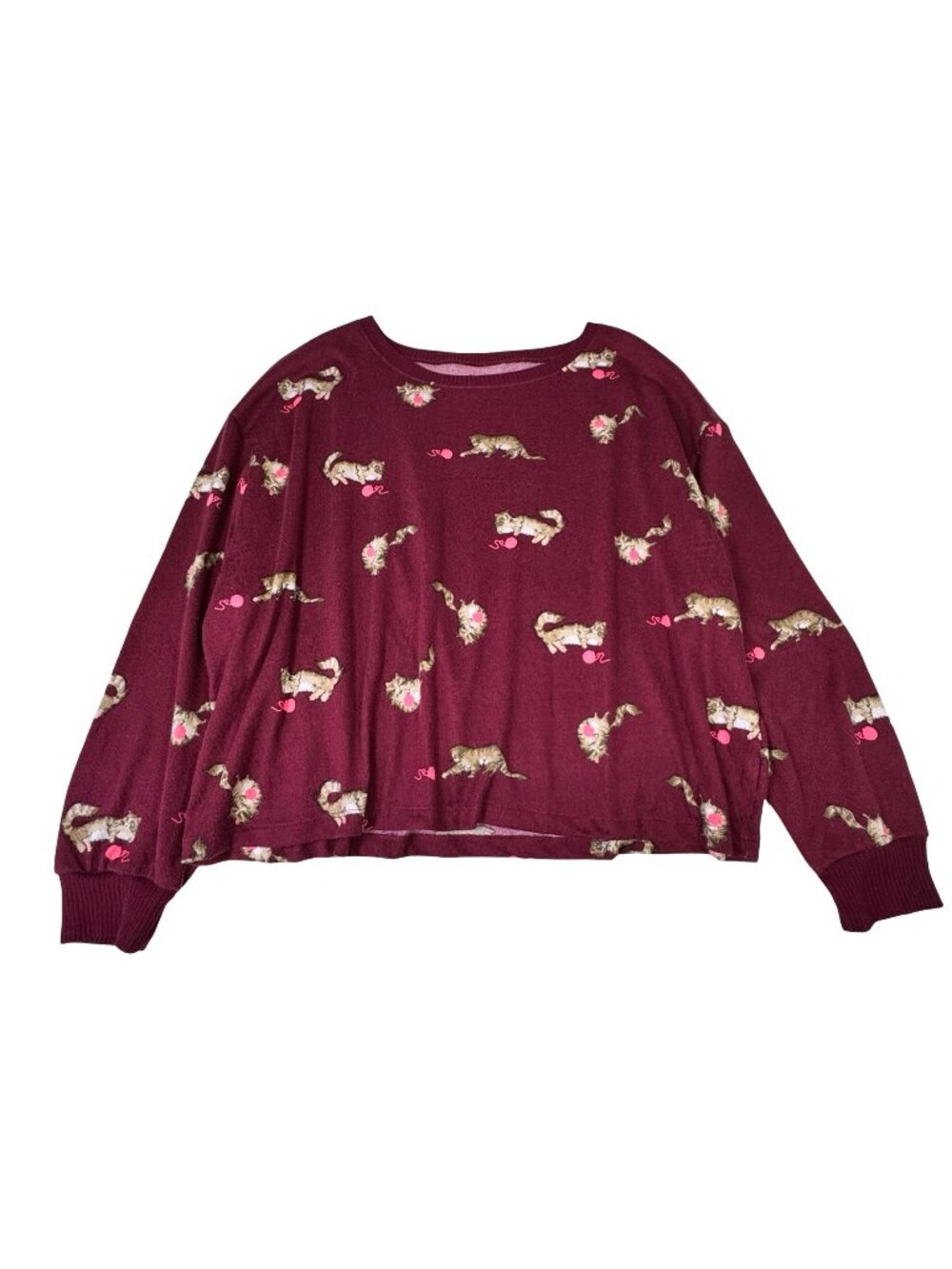 American Eagle Plush Kitty Cat Print Top L Oversized Cat Mom Whimsical